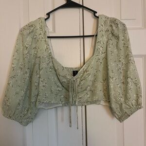 MINKPINK Floral Green Sleeve Crop Top